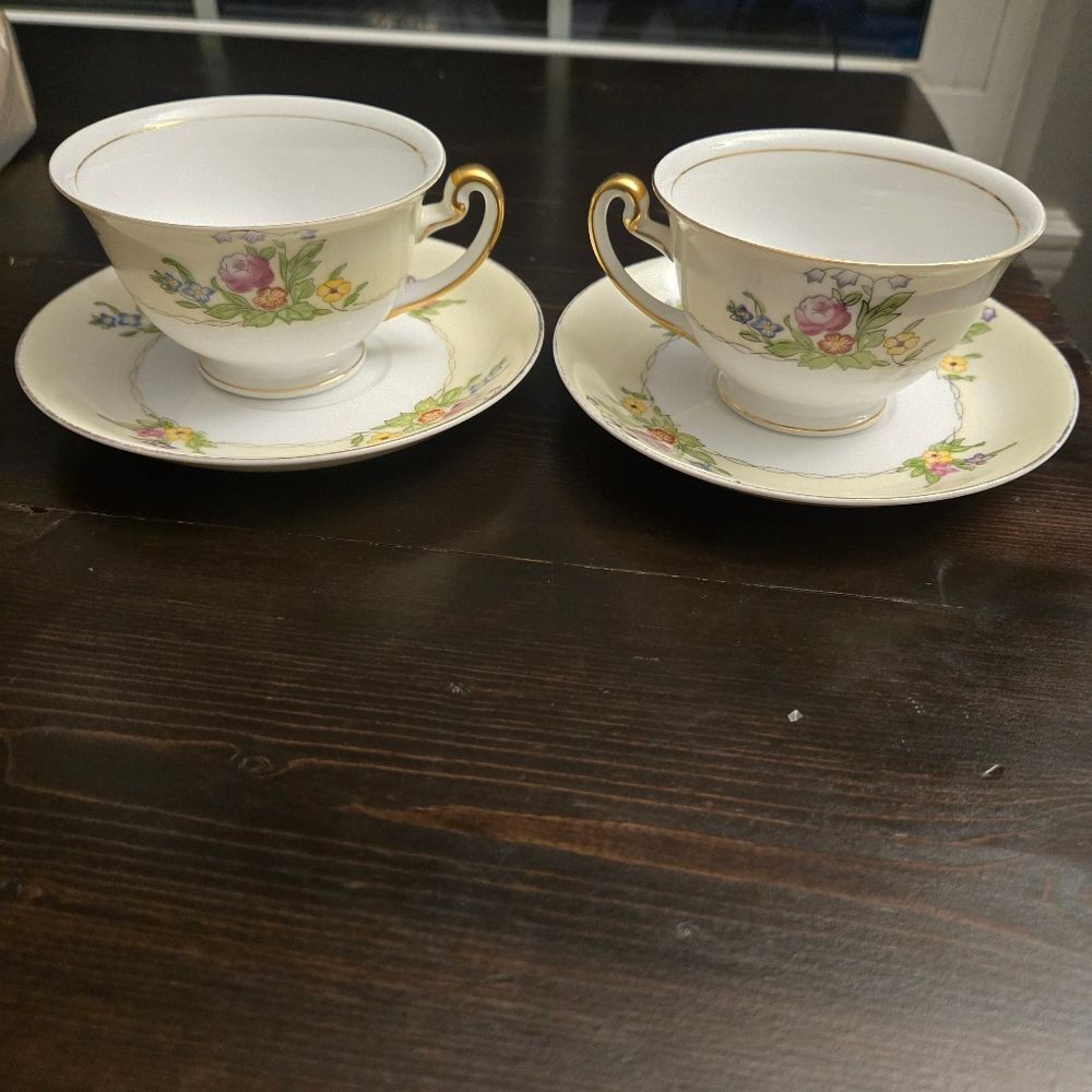 Meito Japan Tea Cup Saucer Set Of 2 Floral Hand Painted Gold Trim Vintage